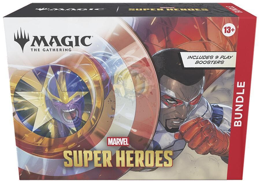 MTG Marvel Super Heroes Bundle – 9 play boosters, spindown-tärning och basland i förvaringsbox