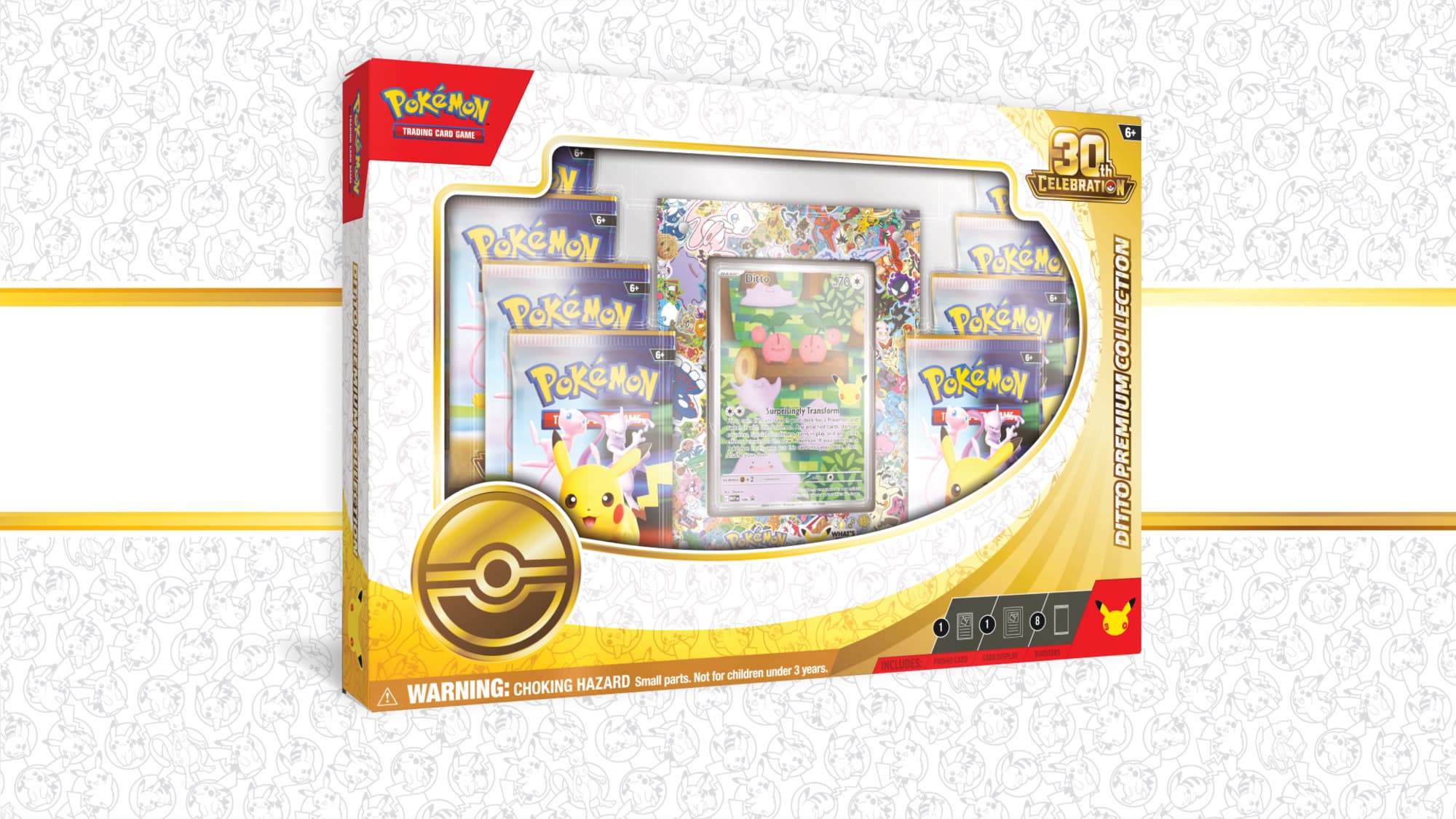 Pokémon TCG 30th Celebration Ditto Premium Collection-box (30-årsjubileum) med Ditto-promokort, akryldisplay och åtta boosterpaket.