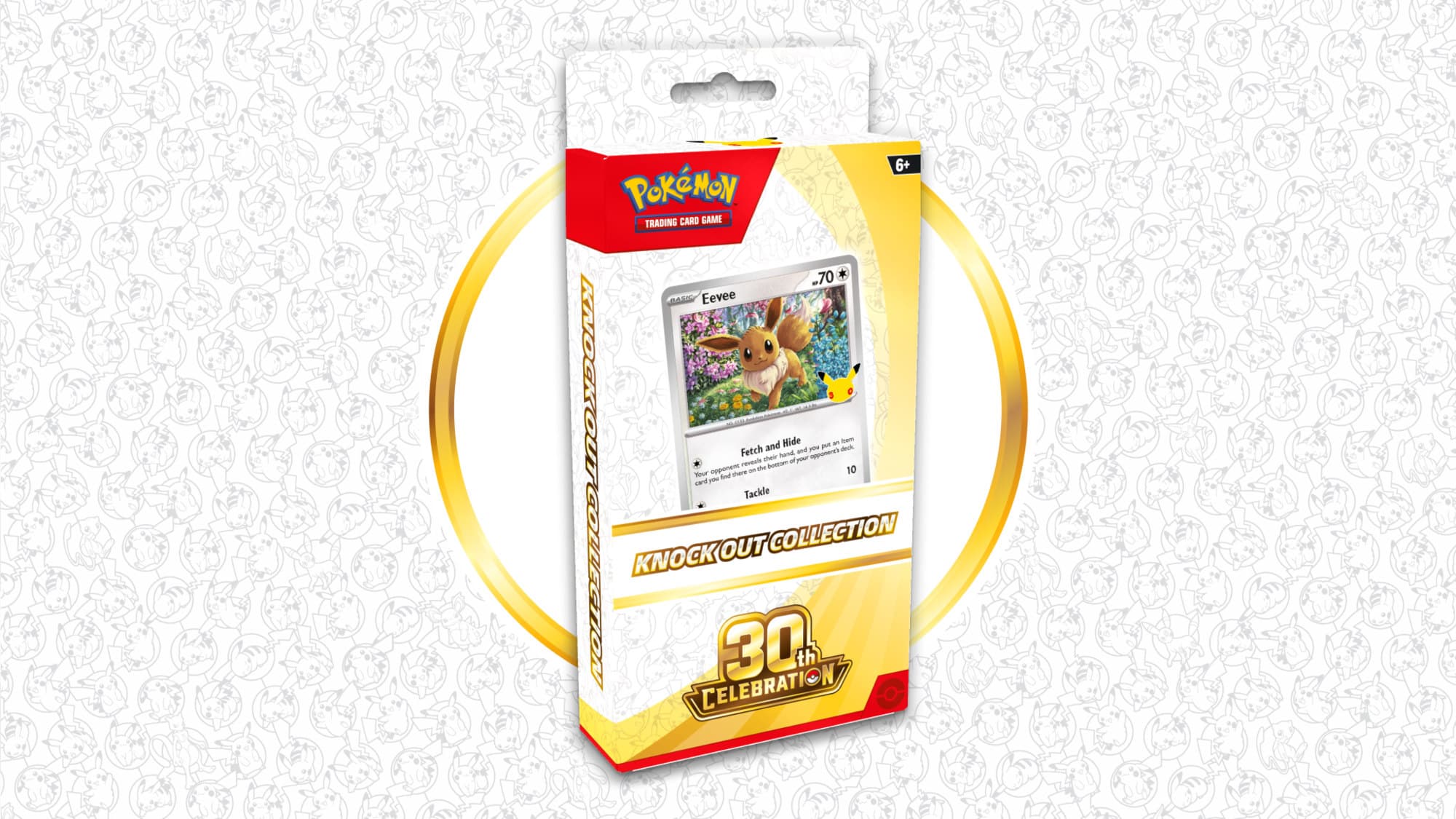Pokémon TCG 30th Celebration Knock Out Collection – samlarförpackning för Pokémons 30-årsjubileum med ett foilkort föreställande Eevee, ett mynt och två boosterpaket.