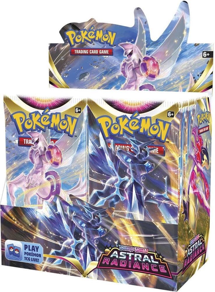 Pokémon TCG Sword & Shield Astral Radiance boosterbox med 36 paket, visar Origin Forme Dialga och Palkia samt Astral Radiance-logotyp