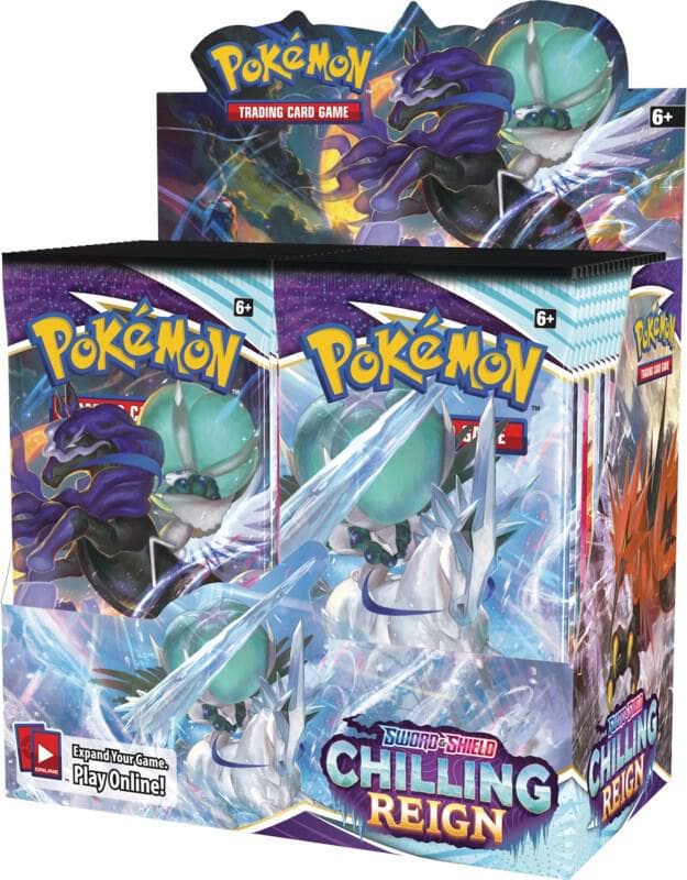 Pokémon TCG Sword & Shield Chilling Reign boosterdisplay med 36 paket, med Ice Rider Calyrex och Shadow Rider Calyrex på förpackningen.