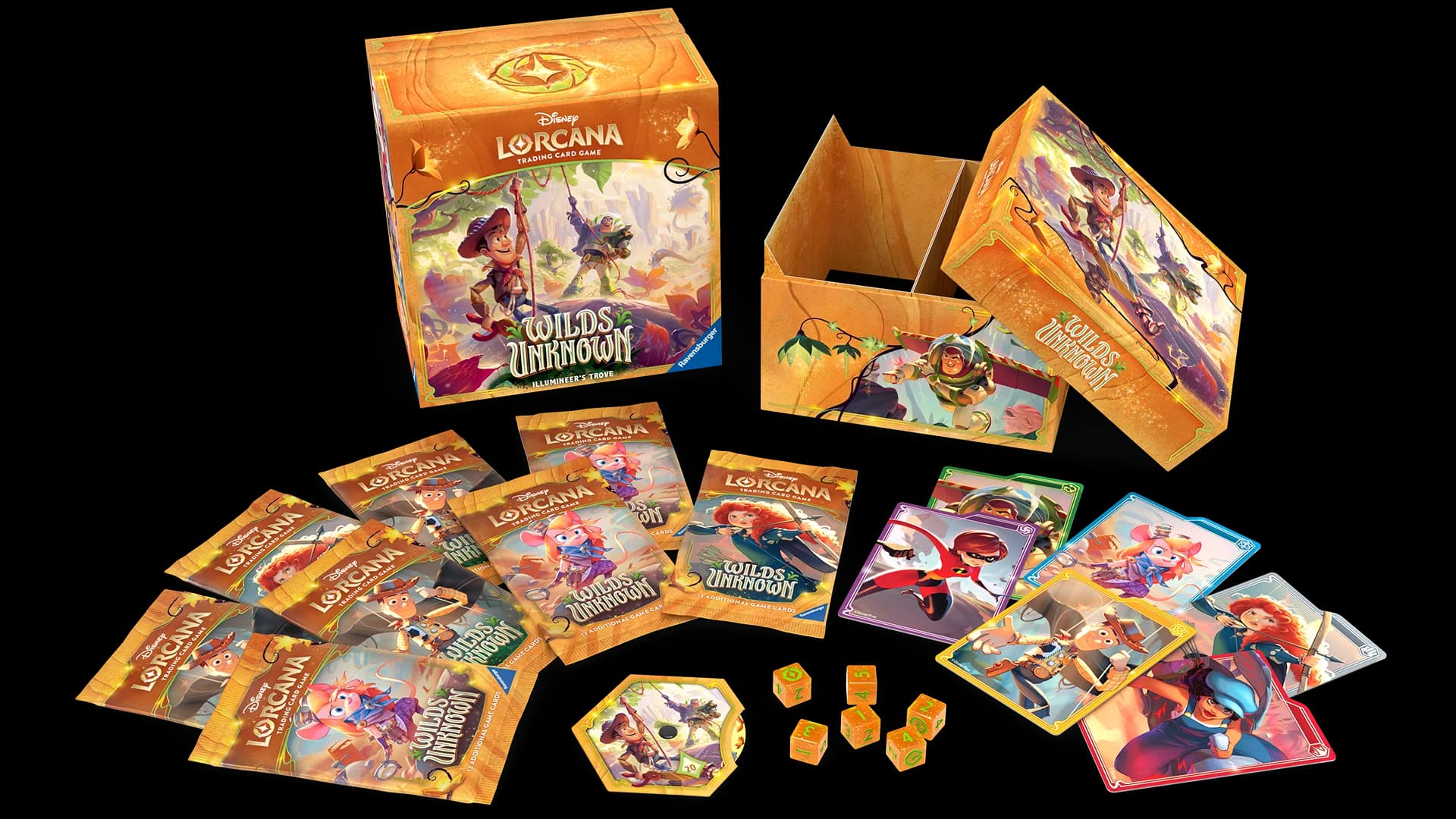 Disney Lorcana Wilds Unknown Illumineer's Trove – 8 boosterpaket, förvaringsbox, tärningar och lore-räknare