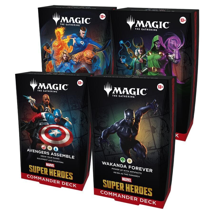 MTG Marvel Super Heroes Commander Deck – fyra lekar: Avengers Assemble, Wakanda Forever, The Fantastic Four och Doom Prevails