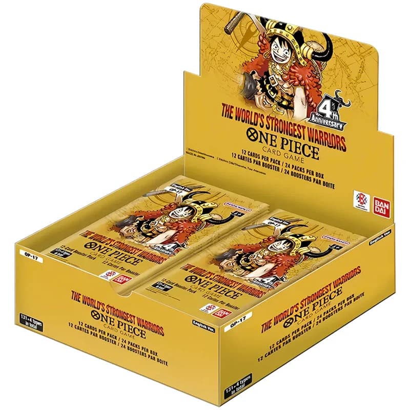Förseglad One Piece OP-17 The World's Strongest Warriors-display i gult med Luffy och 4th Anniversary-märket.