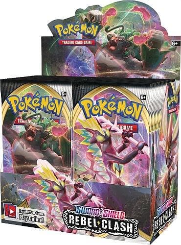 Pokémon TCG Sword & Shield Rebel Clash boosterdisplay med 36 boosterpaket, officiell produktbild på vit bakgrund