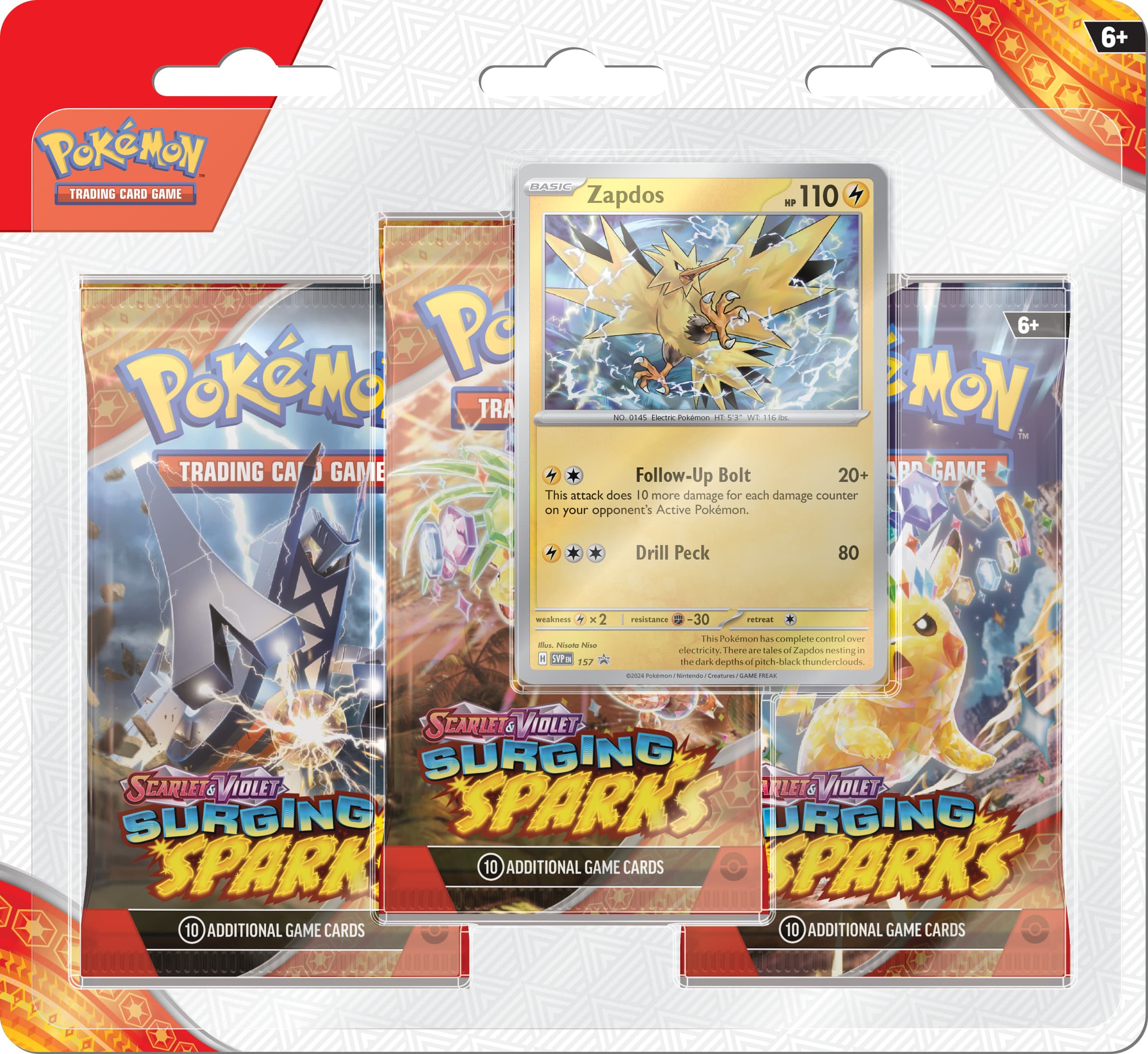Pokémon TCG Surging Sparks 3-Pack Blister – förseglad blister med Zapdos-promokort