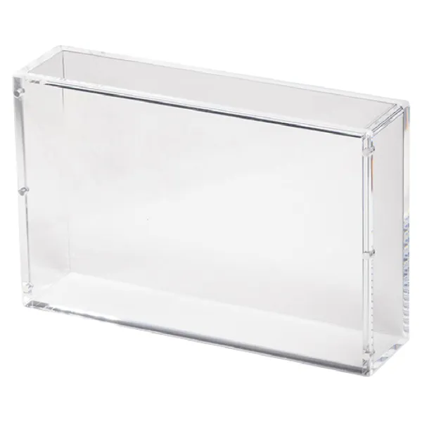 Tomt genomskinligt akrylfodral från The Acrylic Box, måttat för en Disney Lorcana Booster Box, mot vit bakgrund.