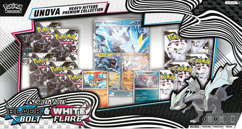 Pokémon TCG Unova Heavy Hitters Premium Collection – förseglad premiumbox med Black Bolt- och White Flare-paket